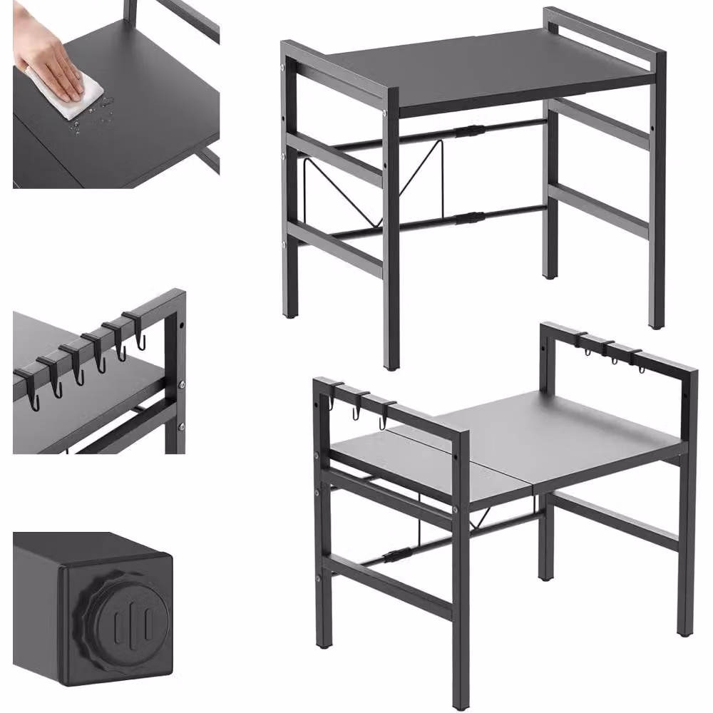 Ripiano per microonde - 2 livelli - Acciaio robusto - Regolabile - Estensibile - Organizzatore per cucina - Nero