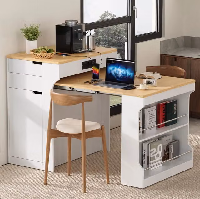 Isola cucina ULEVR 55-153x80x93 cm con piano estensibile, prese integrate, 2 cassetti e ripiani regolabili, bianca