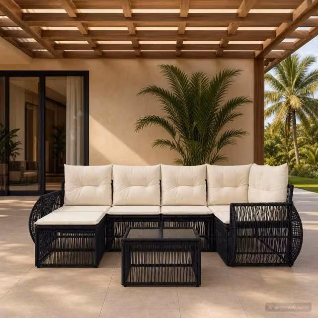 Set Divano da Giardino a L con 7 Pezzi vidaXL Nero e Bianco Crema con Cuscini e Tavolino – 1
