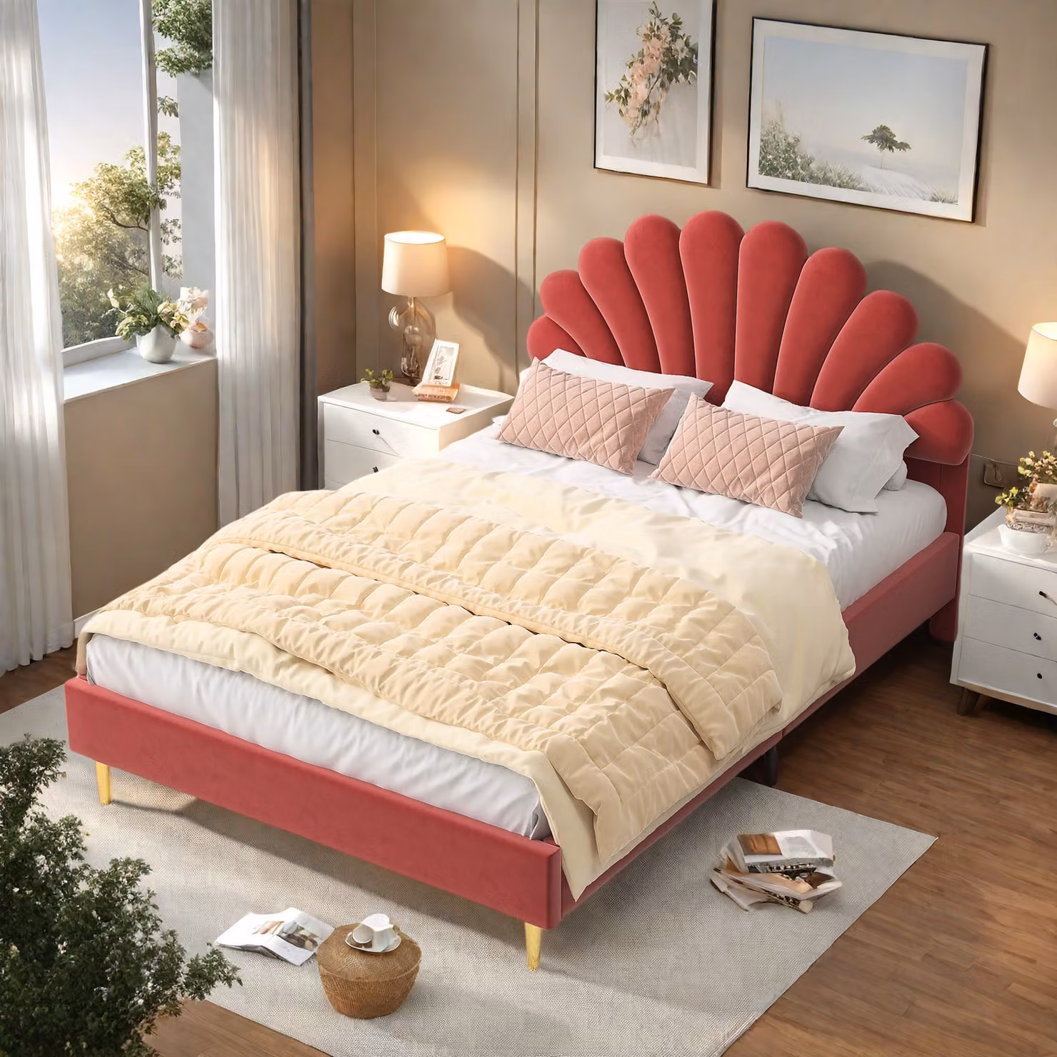 UnboxG Letto imbottito 140 x 200 cm Struttura letto letto singolo Letto matrimoniale di design Letto con rete a doghe Testiera con supporto a doghe in legno in rosso, struttura letto