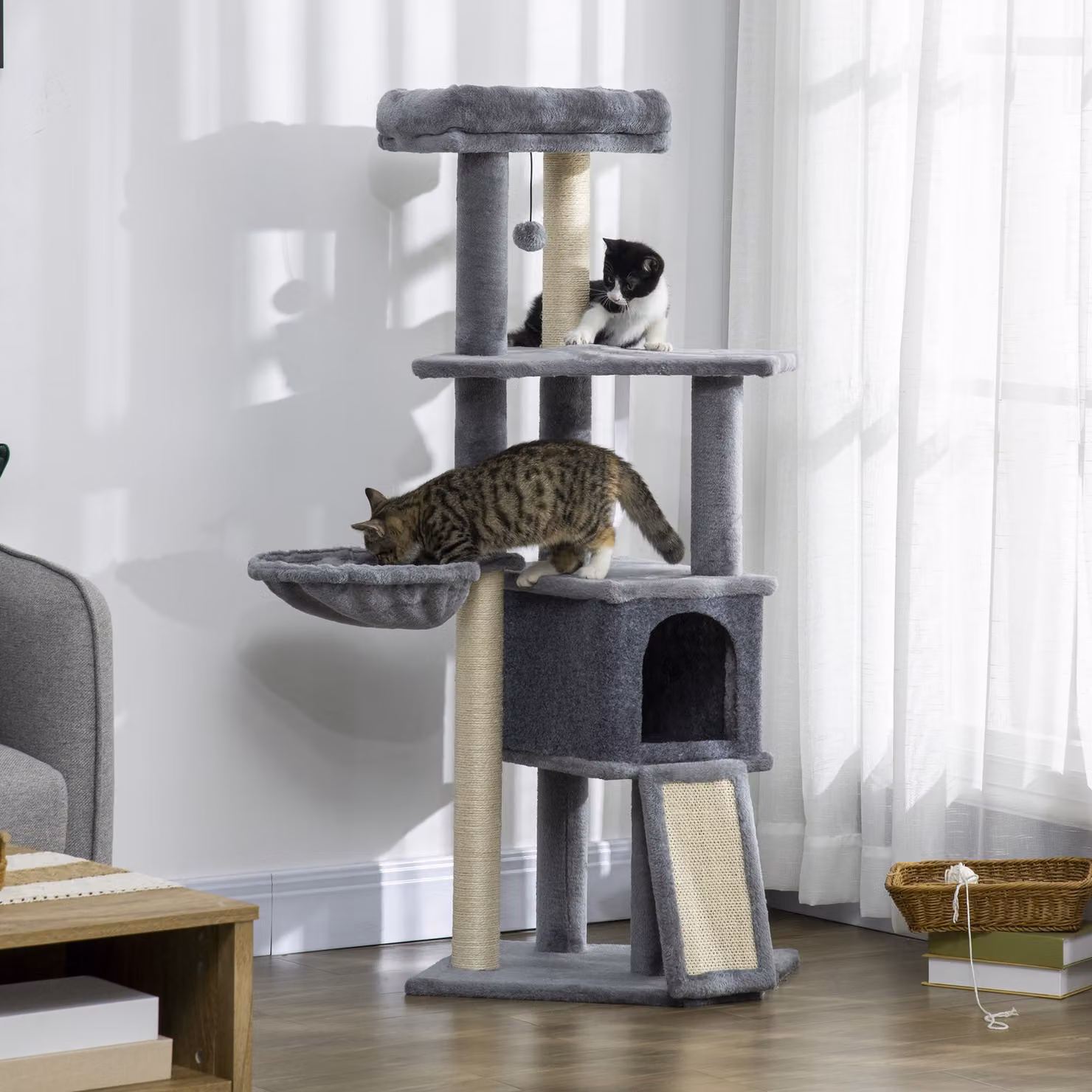 Albero Tiragraffi per Gatti PawHut con Pali in Sisal, Amaca, Cuccia e Giochi Integrati, Altezza: 127 cm, Grigio – 2