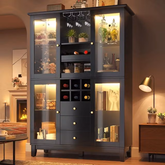Mobile bar con 3 cassetti e LED RGB controllati da app in MDF nero con portabottiglie 120 × 40 × 180;5 cm