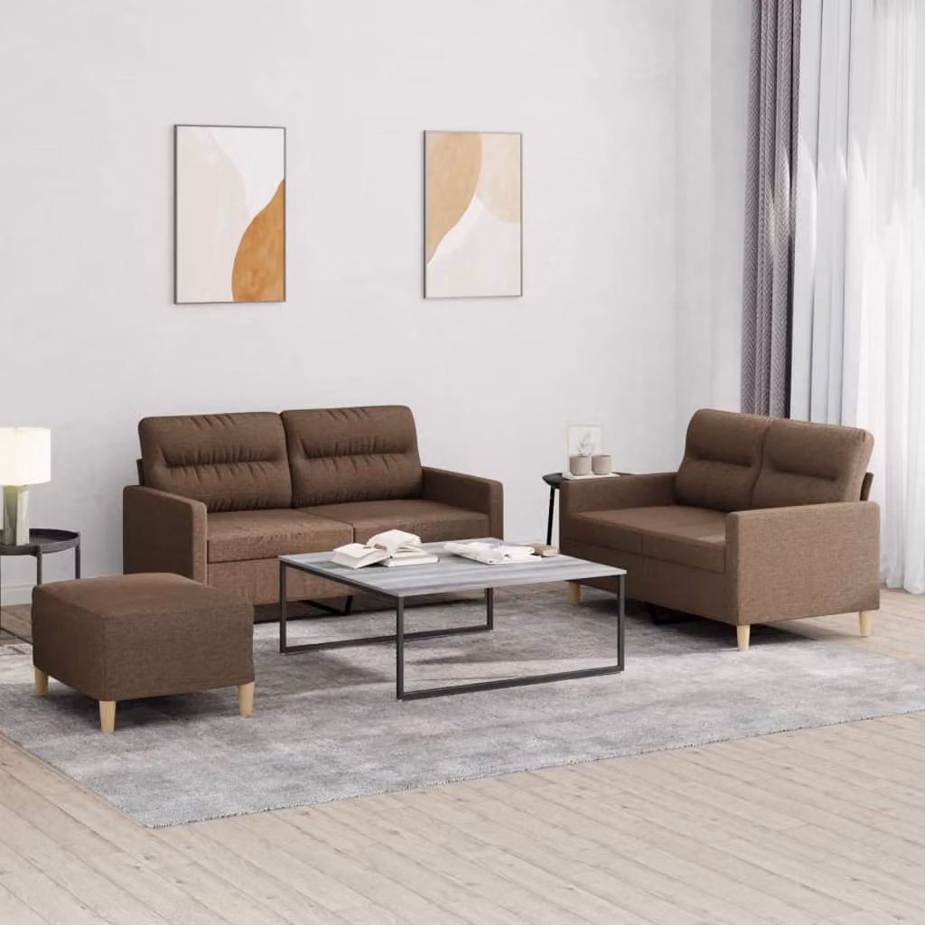 Set di divani moderno vidaXL in tessuto marrone con cuscini e struttura in legno e metallo per soggiorno
