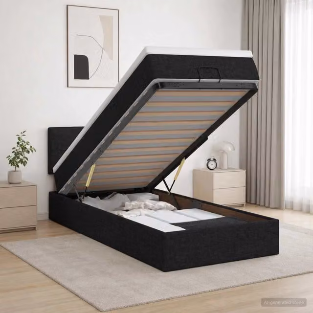 Letto ottomano moderno vidaXL con materasso nero in tessuto e base a sollevamento L/P/H: 90 x 190 x 40 cm