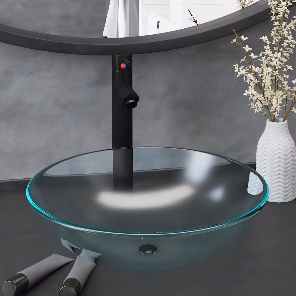 vidaXL Lavandino con Rubinetto e Piletta in Vetro Temperato Satinato, Nero e Trasparente – 1