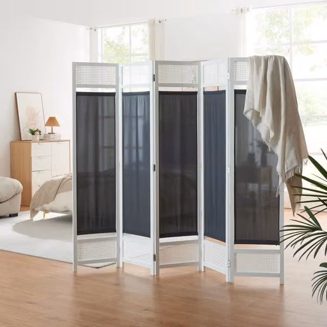Paravento Pieghevole Dorotea en.casa con 5 Pannelli per Interni, Bianco e Grigio Scuro, L: 200 cm, H: 170 cm – 1