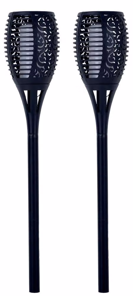 Set di 2 lanterne solari a LED, effetto fiamma, colore nero, altezza 78 cm