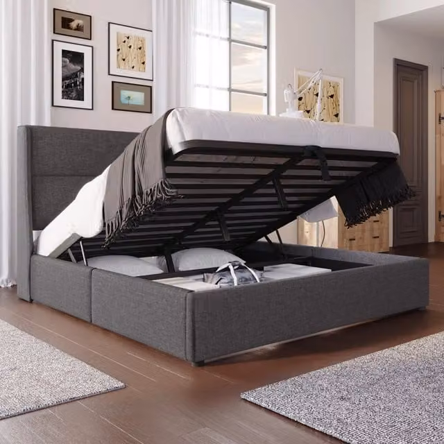 Letto matrimoniale 160 × 200 cm con contenitore, testiera regolabile e materasso incluso, in lino, grigio