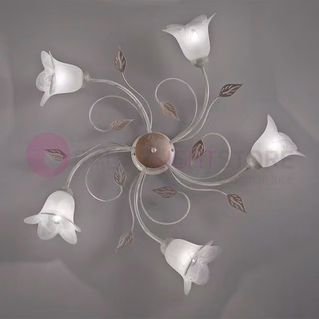 PIENZA Plafoniera a 5 Luci in Metallo e Vetro con Stile Floreale, Disponibile in Bianco, Oro/Ottone, Argento o Marrone