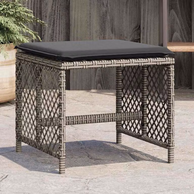 Set di 4 sgabelli da giardino vidaXL in polyrattan grigio con cuscini, L/P/H: 41 x 41 x 36 cm