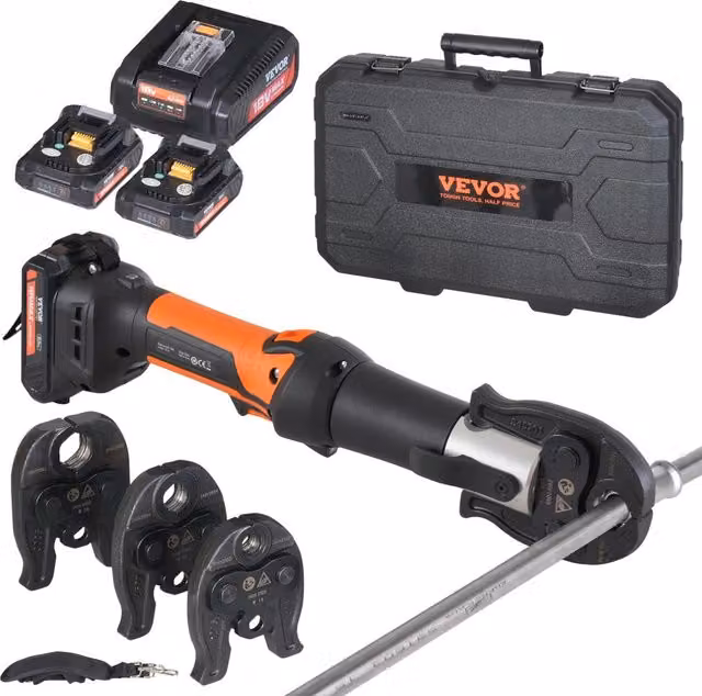 Kit Utensili Elettrici per Pressatura e Crimpatura di Tubi, Ganasce M15, M22, M28, 2 Batterie 18 V 2,0 Ah, Caricabatterie Rapido e Custodia Trasporto