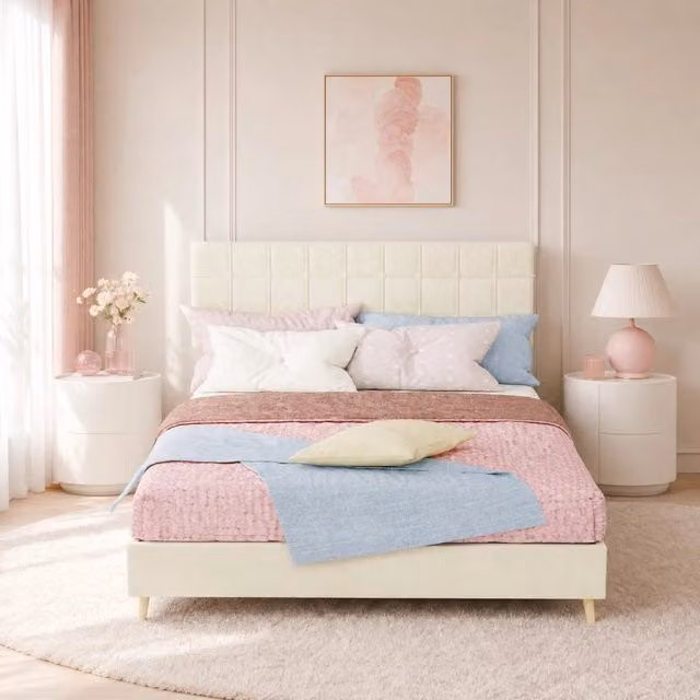 Letto matrimoniale 140x200 cm beige, testiera capitonné a quadri, senza materasso