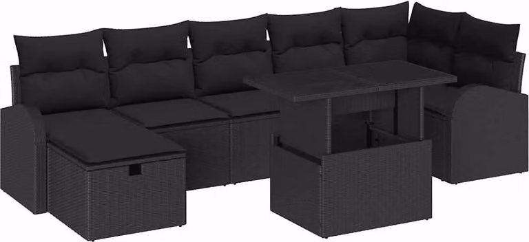Set Divano da Giardino con cuscino 8 pcs Nero Poly Rattan