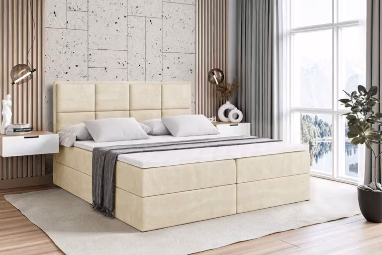 Letto boxspring ALTDECOR con materasso H4 e topper - 200 x 200 cm - NOVA - Velluto beige - Letto imbottito con contenitore e rete a doghe, letto con spazio contenitivo