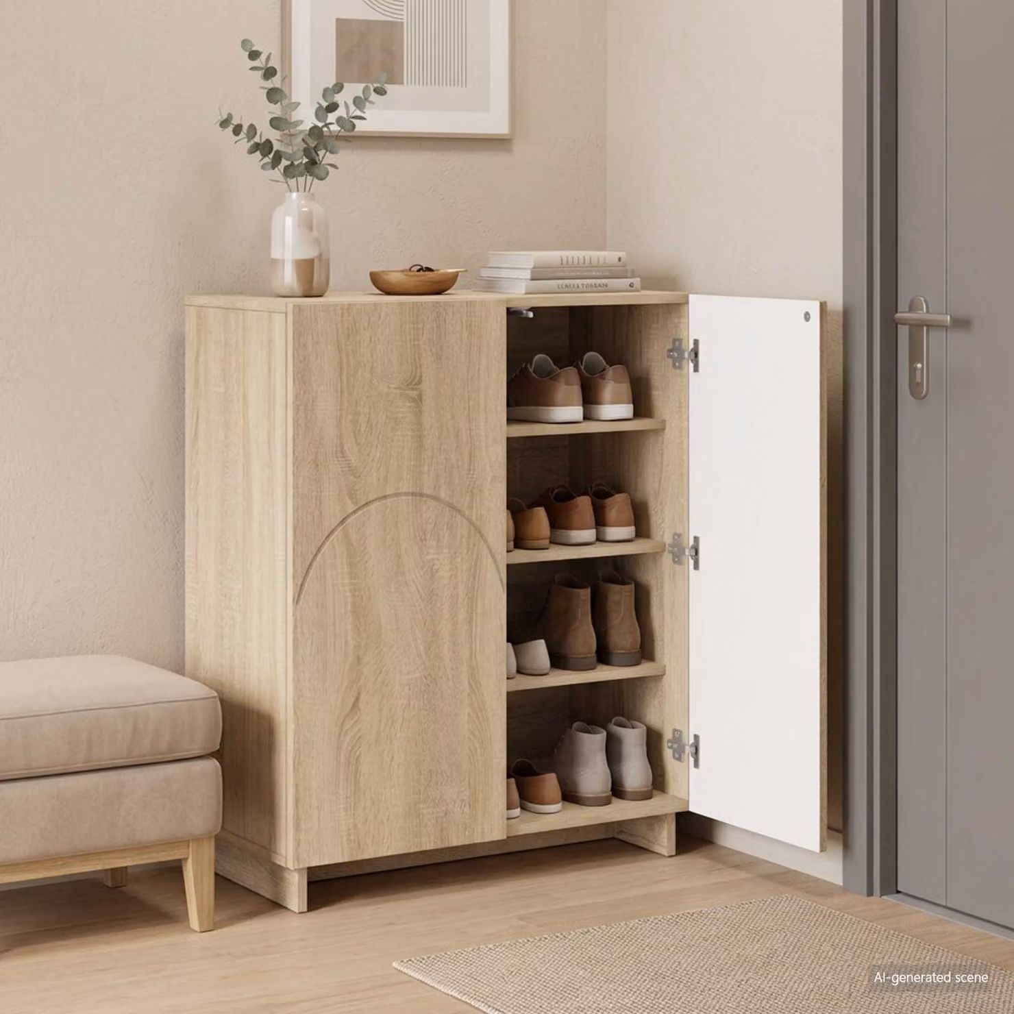 Scarpiera moderna vidaXL in legno, colore beige e marrone, con ante a battente e ripiani interni, L: 73 cm, P: 38 cm, H: 87,5 cm