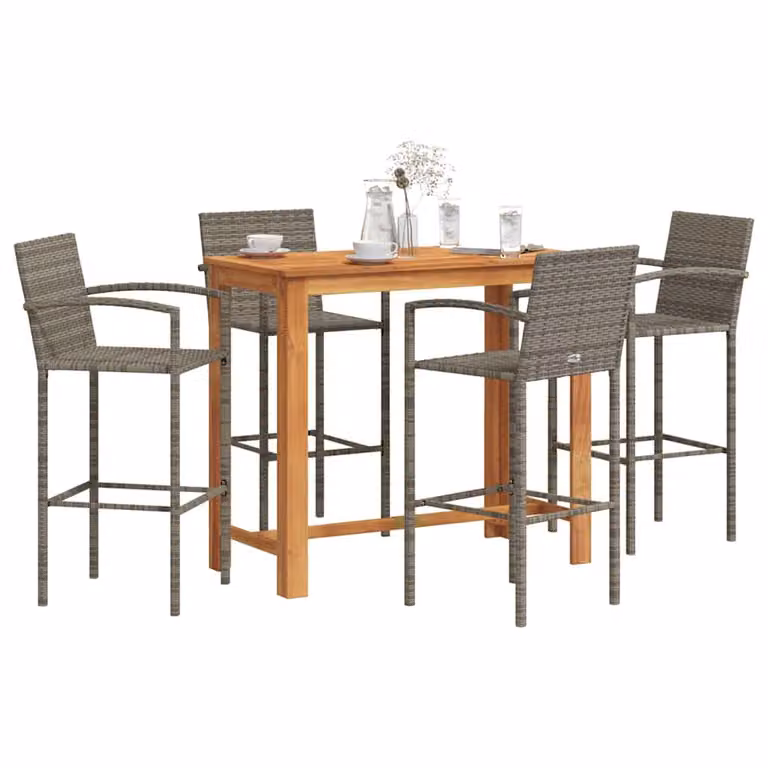 Set Bar da Giardino vidaXL in 5 Pezzi in Polyrattan e Legno di Acacia Grigio e Marrone
