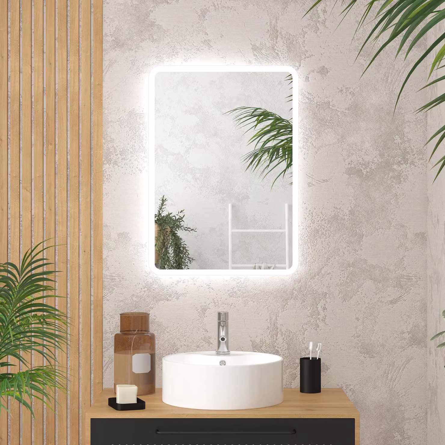Specchio da bagno a LED, 50x70 cm, rettangolare, con cornice in alluminio, colore argento