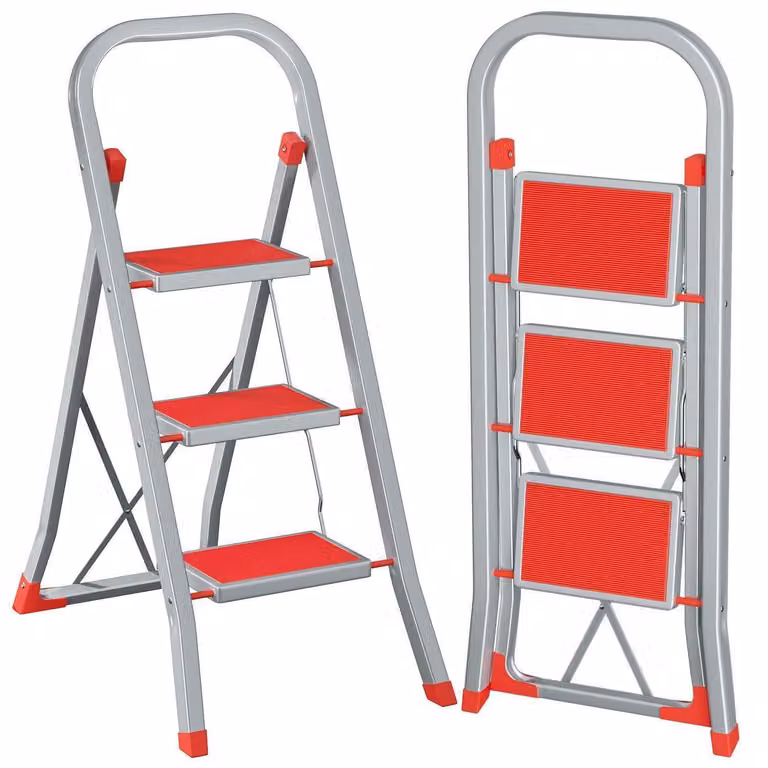 Scala a tre gradini, con portata massima di 150 kg, colore grigio e rosso