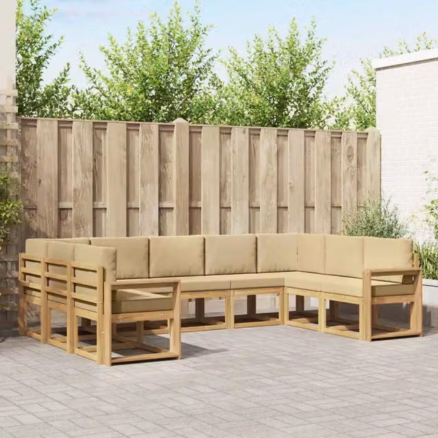 Set di divani da esterno a forma di U vidaXL in legno di acacia con cuscini, Bianco e Beige – 1