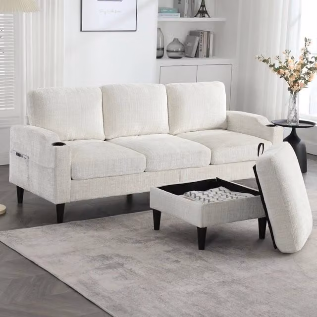 Divano MIVRAY a 4 posti in tessuto beige con pouf contenitore, portabevande e cuscini inclusi, stile moderno per il tuo soggiorno