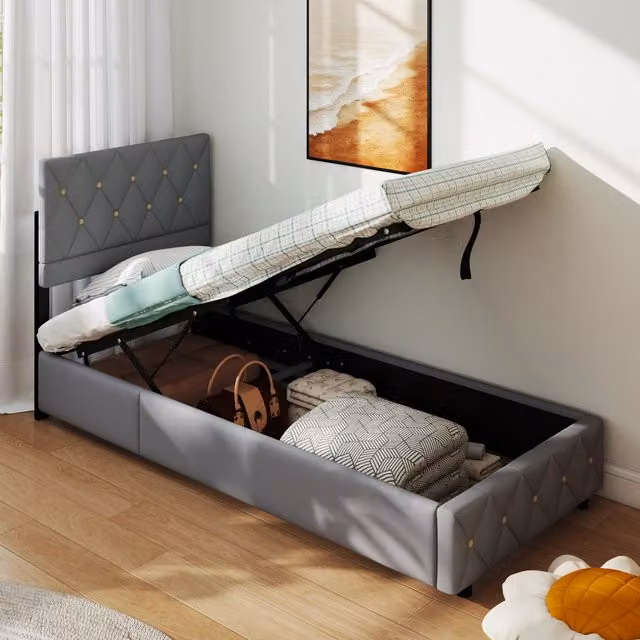 Letto imbottito moderno in velluto grigio con rete a doghe in legno e base contenitore lift up, L/P: 90 x 200 cm