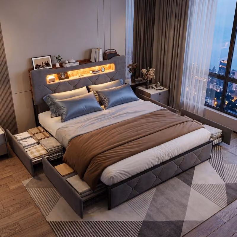 Letto a cassetti ProximaX grigio 140×200 cm - Con rivestimento in morbido tessuto, illuminazione a LED, connessione USB e 4 cassetti sotto il letto