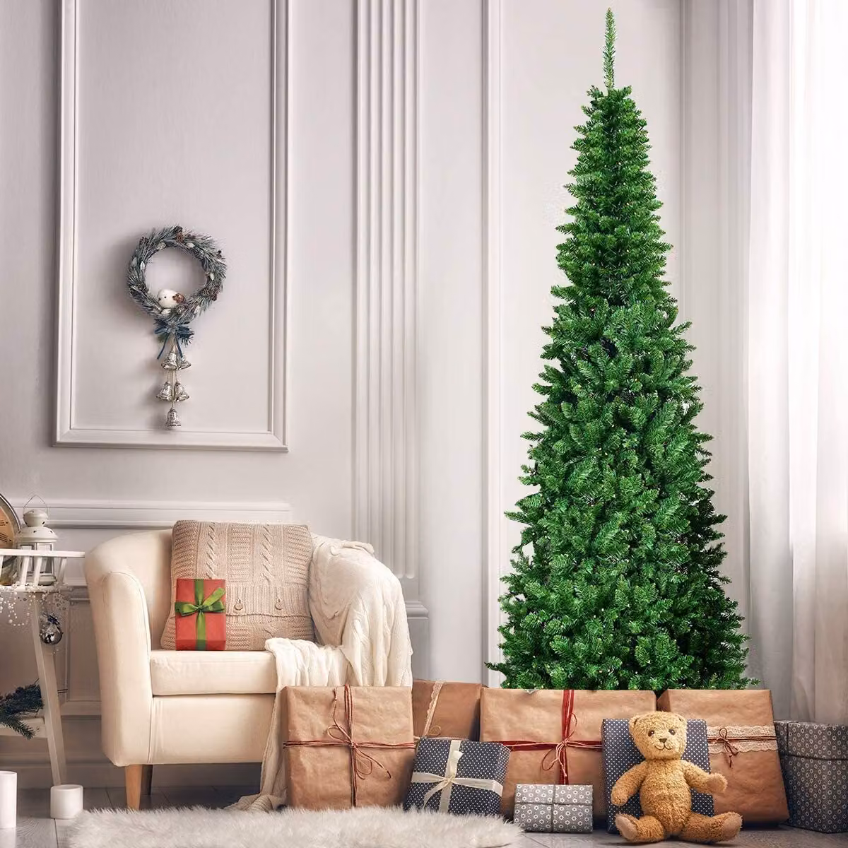 COSTWAY Albero di Natale a matita da 225 cm con luci LED bianco caldo, albero di Natale artificiale con sistema pieghevole e supporto in metallo, albero di Natale con aghi in PVC, albero di Natale artificiale verde