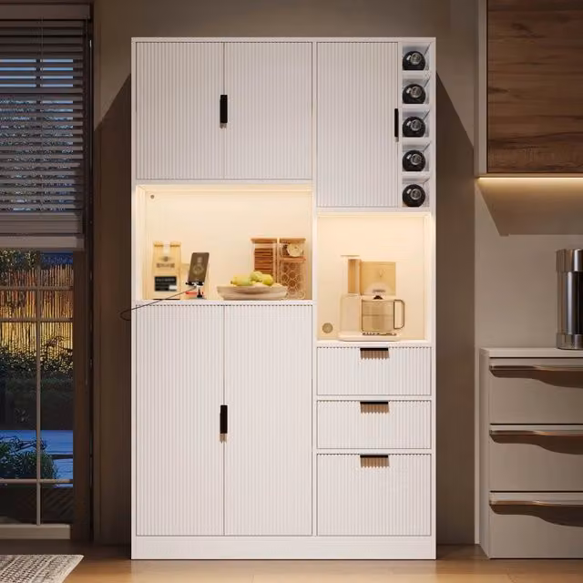 Credenza da cucina con LED app, 3 cassetti e portabottiglie, per cucina e sala da pranzo, bianco, 180 × 105 × 40 cm