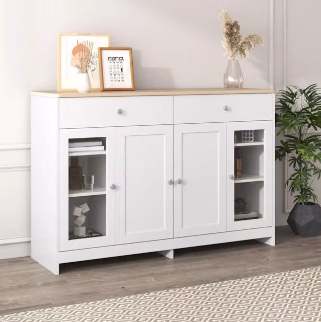 Credenza sideboard 120 cm con 2 cassetti; 4 ante e ripiani regolabili; bianco e legno