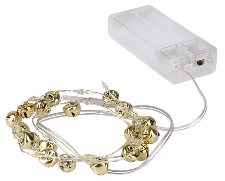 Catena luminosa a LED con campanellini dorati, 20 LED, 0,9 metri, con timer