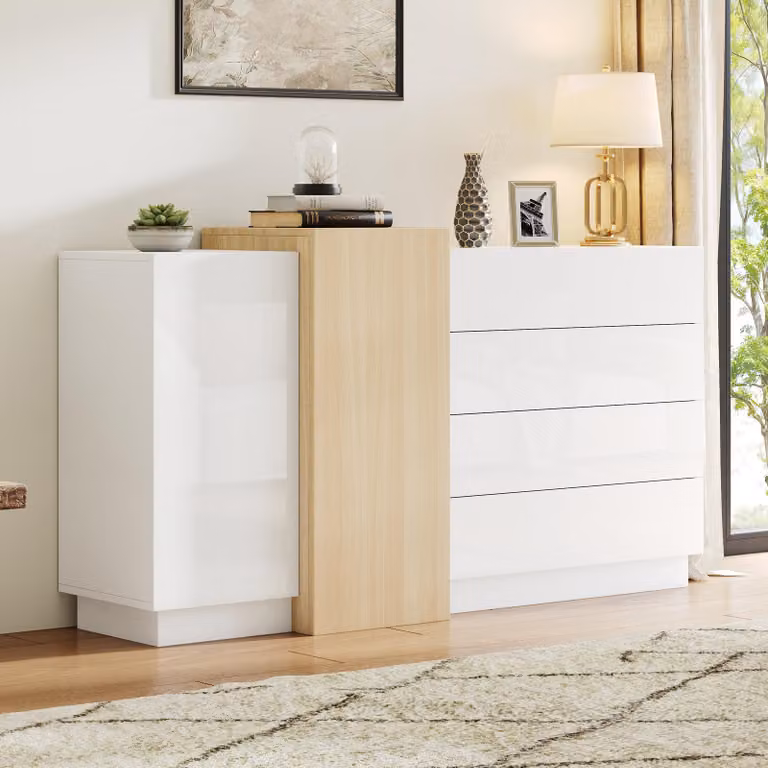 Credenza Merax lucida con venature del legno, mobile da sala da pranzo moderno con spazio contenitivo, credenza senza maniglie con 4 cassetti profondi e ante, bianco + legno