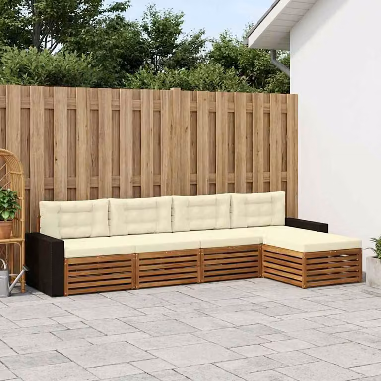 Set di divani da esterno a L vidaXL in legno di acacia con pouf e cuscini, beige e bianco