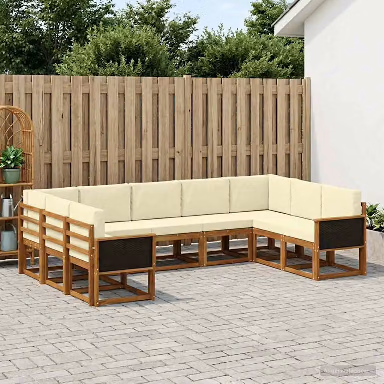 vidaXL Set di divani da esterno 9 pz in legno di acacia con cuscini, beige e bianco