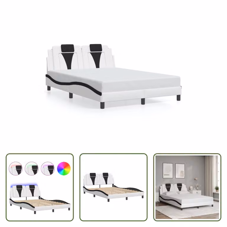 The Living Store Struttura letto con LED bianco e nero 140x190 cm in ecopelle