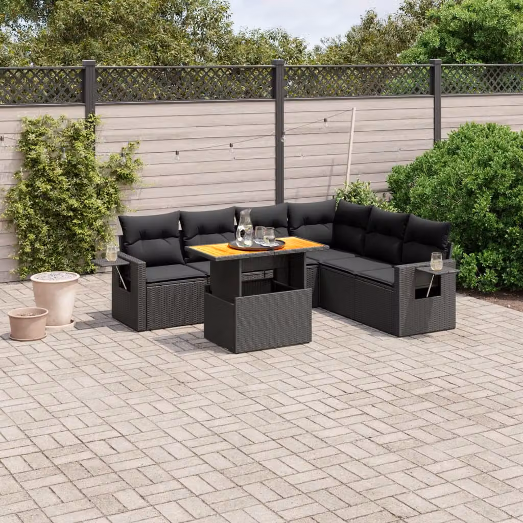 vidaXL Set Divani da Giardino a L con Cuscini 7pz in Polyrattan Nero e Tavolino Moderno