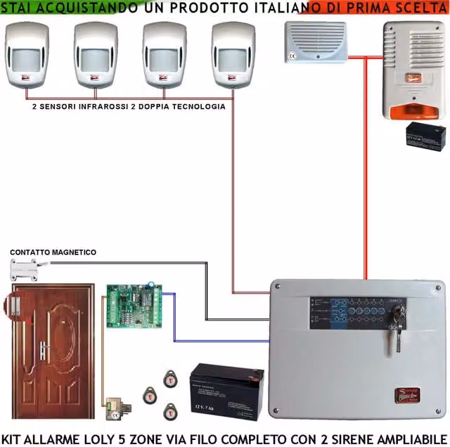 Kit Antifurto Securvera Impianto Loly Centrale Diana 5 Zone con 2 Sensori Infrarossi, 2 Sensori Doppia Tecnologia, Contatti Magnetici, Sirene Interna ed Esterna Lampeggiante e 3 Chiavi Digitali Proxi Trasponder in Colore Bianco