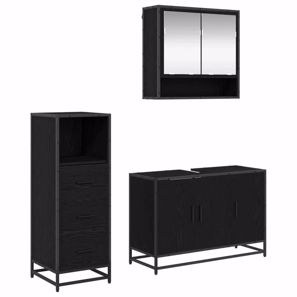 Set di mobili per il bagno moderno vidaXL composto da 3 pezzi in nero opaco con armadietto a specchio, mobile lavabo e mobile laterale – 2