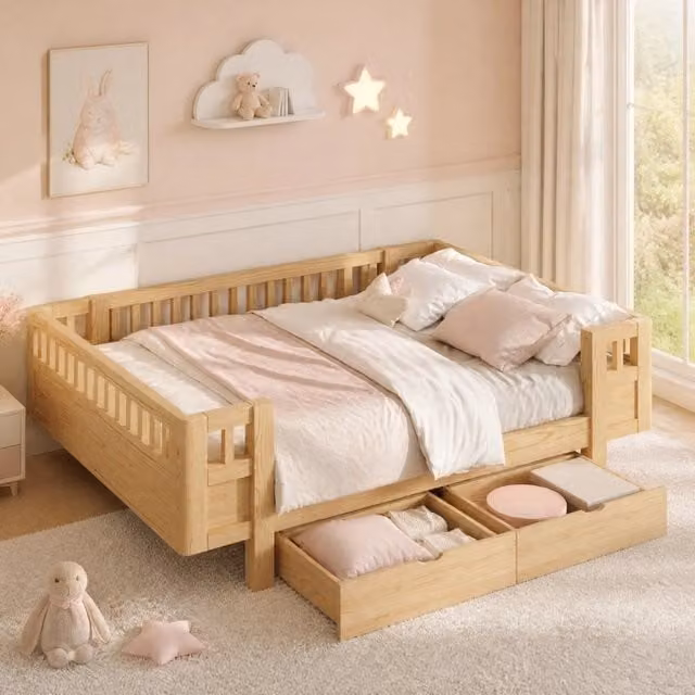 Letto per bambini 140x200 cm in legno con sponde alte e 2 cassetti