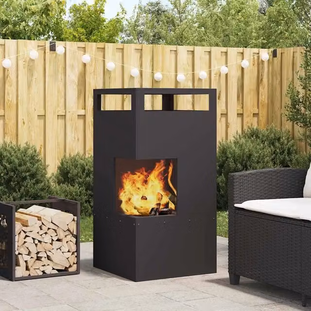 Braciere Videx in acciaio nero resistente alle intemperie con dettagli in legno