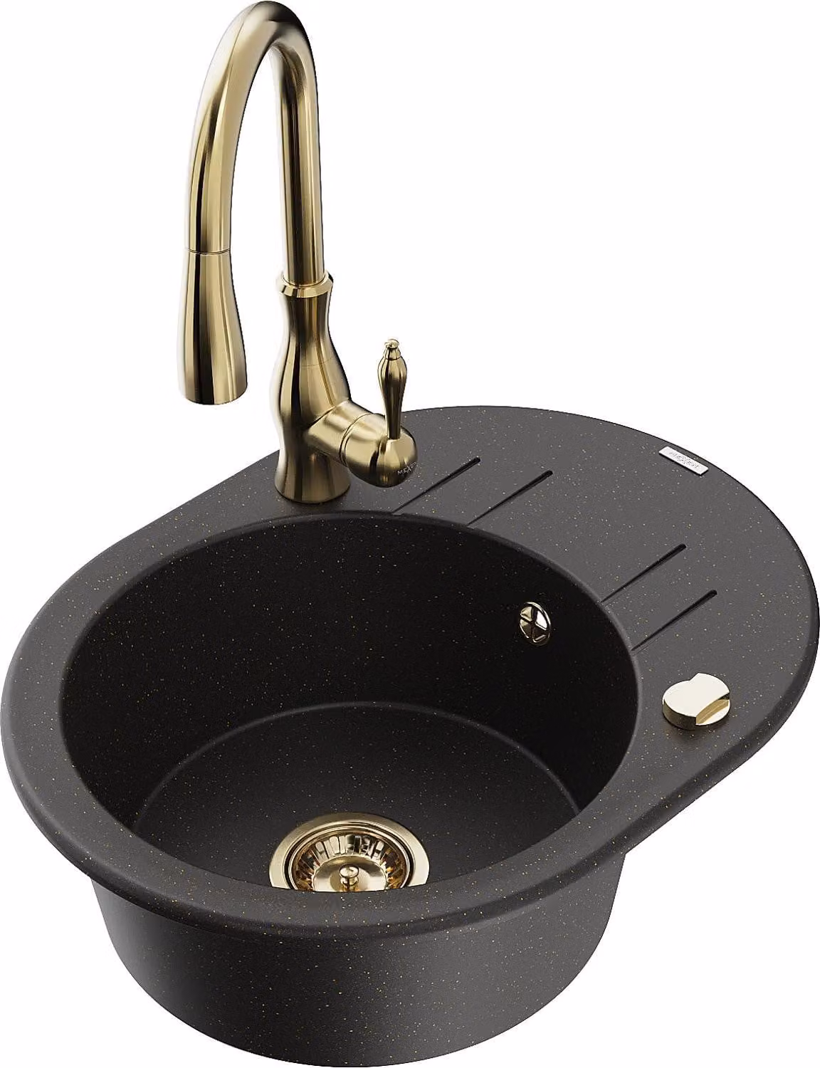 Mexen Kevin lavello in granito a 1 vasca con scolapiatti e rubinetto da cucina Savita, nero/oro metallizzato - 6517-75-672601-50