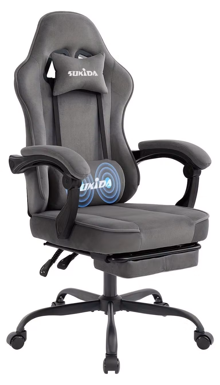 Sedia da gaming in velluto – Sedia ergonomica per computer – Regolabile – Con poggiapiedi – Tessuto grigio