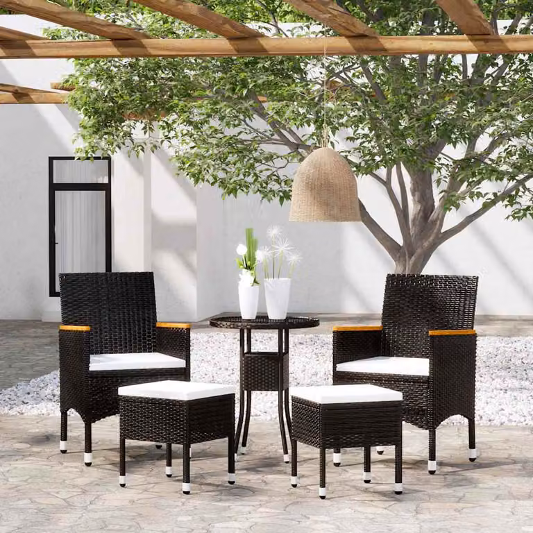 Set da giardino moderno vidaXL in legno di acacia e rattan con tavolo rotondo in vetro nero e bianco