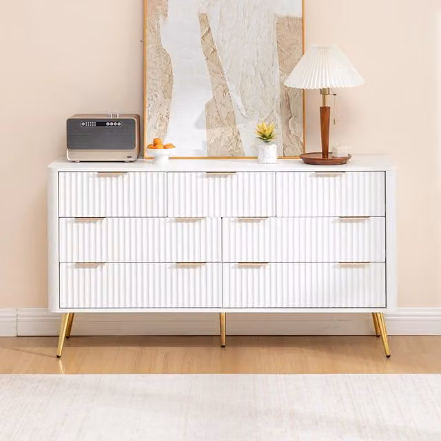 Cassettiera 7 cassetti MDF bianco con chiusura ammortizzata e protezione antiribaltamento 145.0 × 40.0 × 80.0 cm