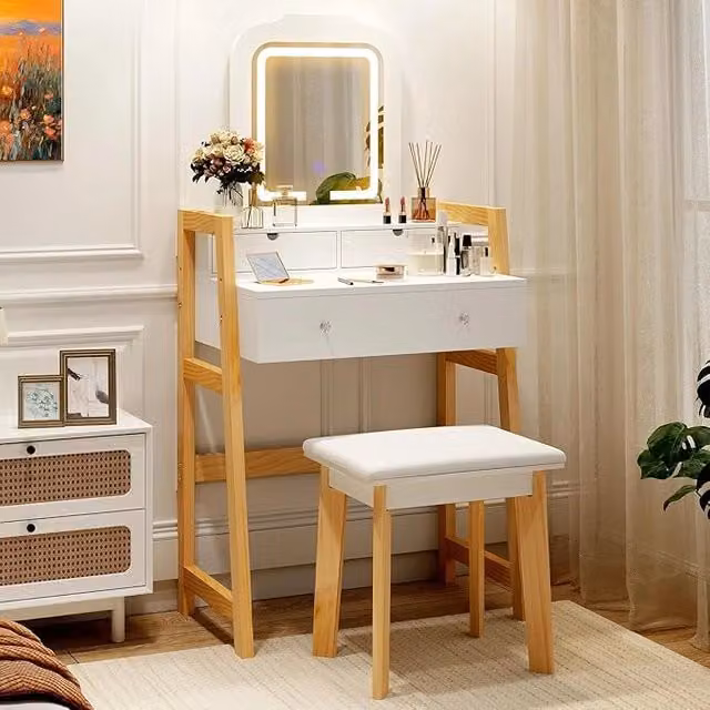 Set da toeletta COSTWAY con specchio regolabile in altezza e sgabello, design minimalista bianco moderno