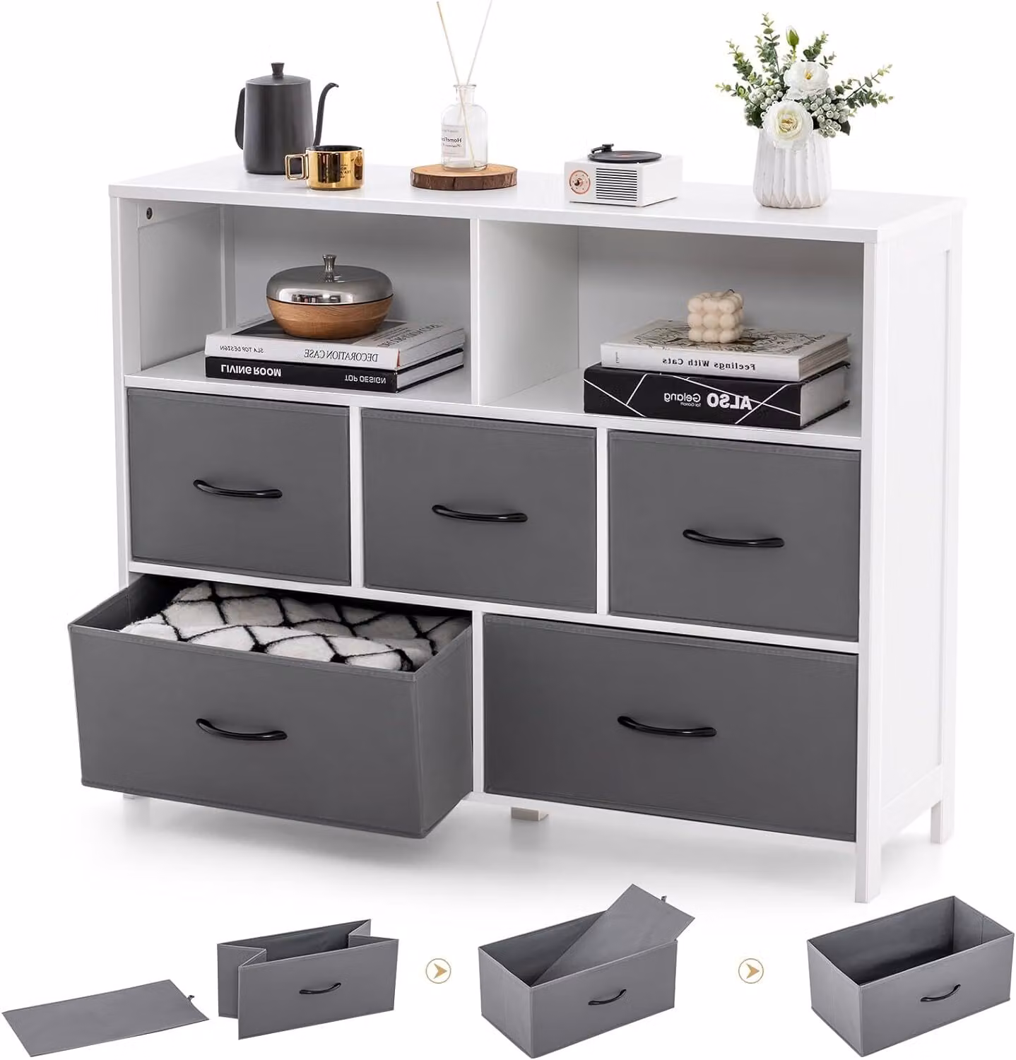 KOMFOTTEU: cassettiera a 5 cassetti, mobile ausiliario con ripiani aperti e 5 cassetti ribaltabili in tessuto, 100 x 30 x 78 cm