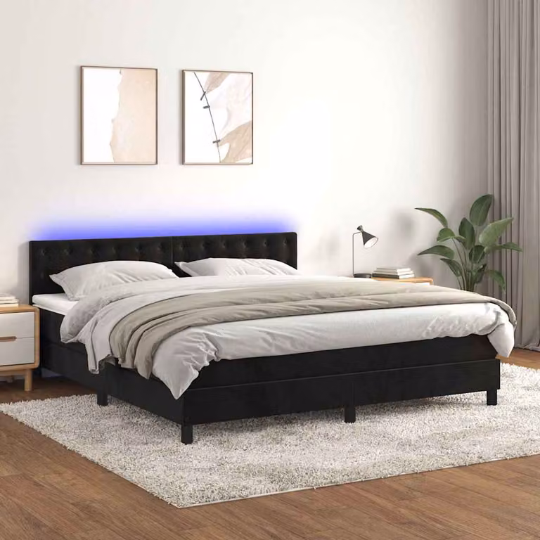 Letto a Molle con Materasso Ibrido vidaXL in Velluto Nero con Illuminazione LED e Porte USB L/P: 160 x 200 cm