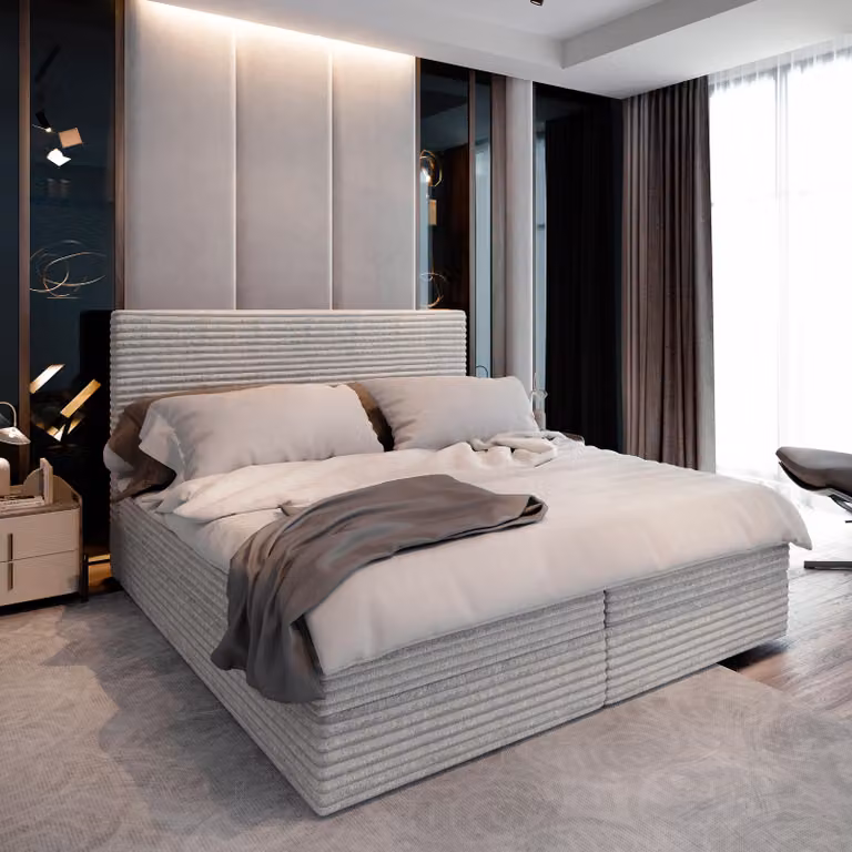 Letto a molle Masseno PISA 160x200 cm completo di materasso e topper Bonell, letto imbottito con cassettiere - grigio chiaro, TILIA 83