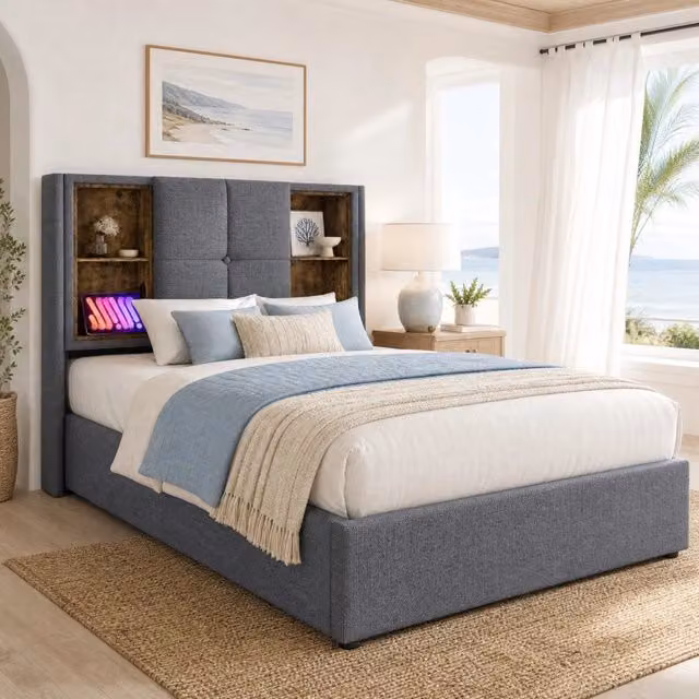 Letto Singolo 90x200 cm con Ricarica Wireless, Telaio Imbottito Grigio in Cotone con Contenitore e Rete in Legno