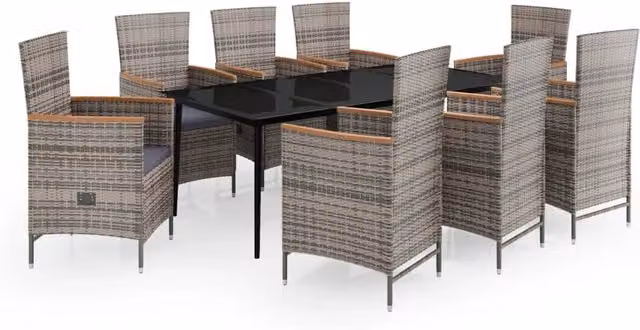 Set da pranzo da giardino Outsunny in polyrattan con tavolo in vetro e 9 pezzi con cuscini grigio e nero