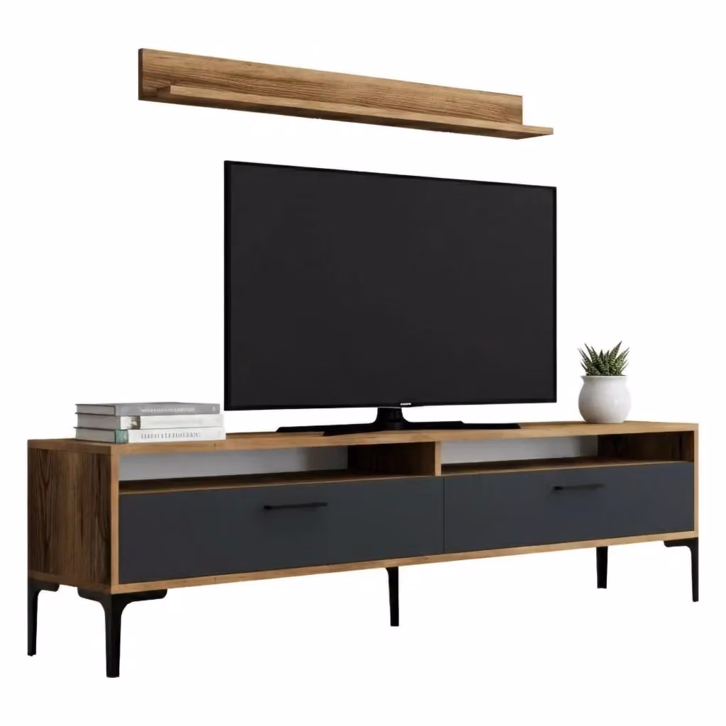 Parete attrezzata Oho DMORA per soggiorno, mobile salotto moderno con armadio porta TV, L: 180 cm, H: 35 cm, P: 47 cm, Noce e Antracite – 2